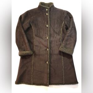 LL Bean Coat Womens Sm Brown 3 Button Faux Suede Sherpa Lined Long Jacket